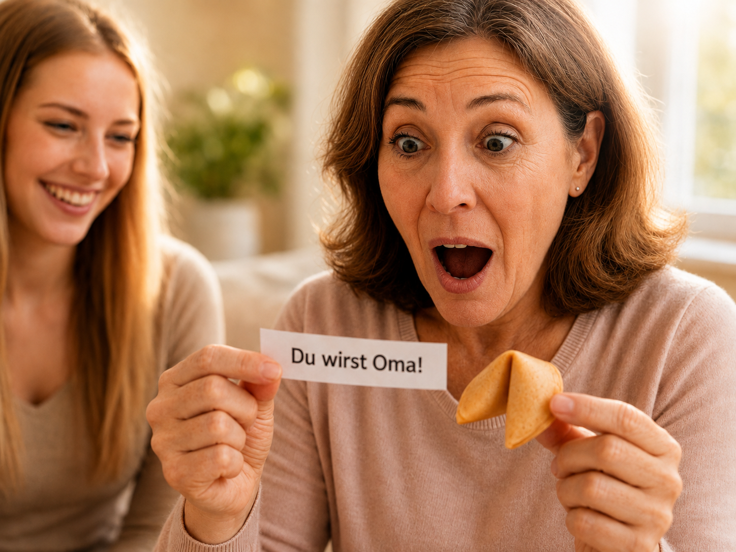 Überraschte Frau mit Glückskeks und Wunschzettel 'Du wirst Oma!' – personalisierte Glückwünsche für besondere Momente