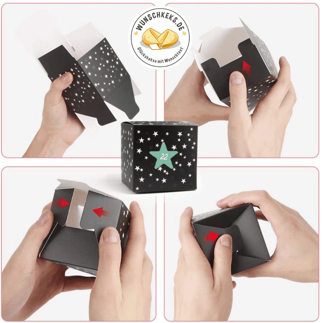 Adventskalender zum Befüllen 24 Boxen & Aufkleber Sterne - Wunschkeks.de Glückskekse mit Wunschtext ab 1 Stück