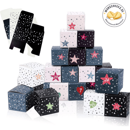 Adventskalender zum Befüllen 24 Boxen & Aufkleber Sterne - Wunschkeks.de Glückskekse mit Wunschtext ab 1 Stück
