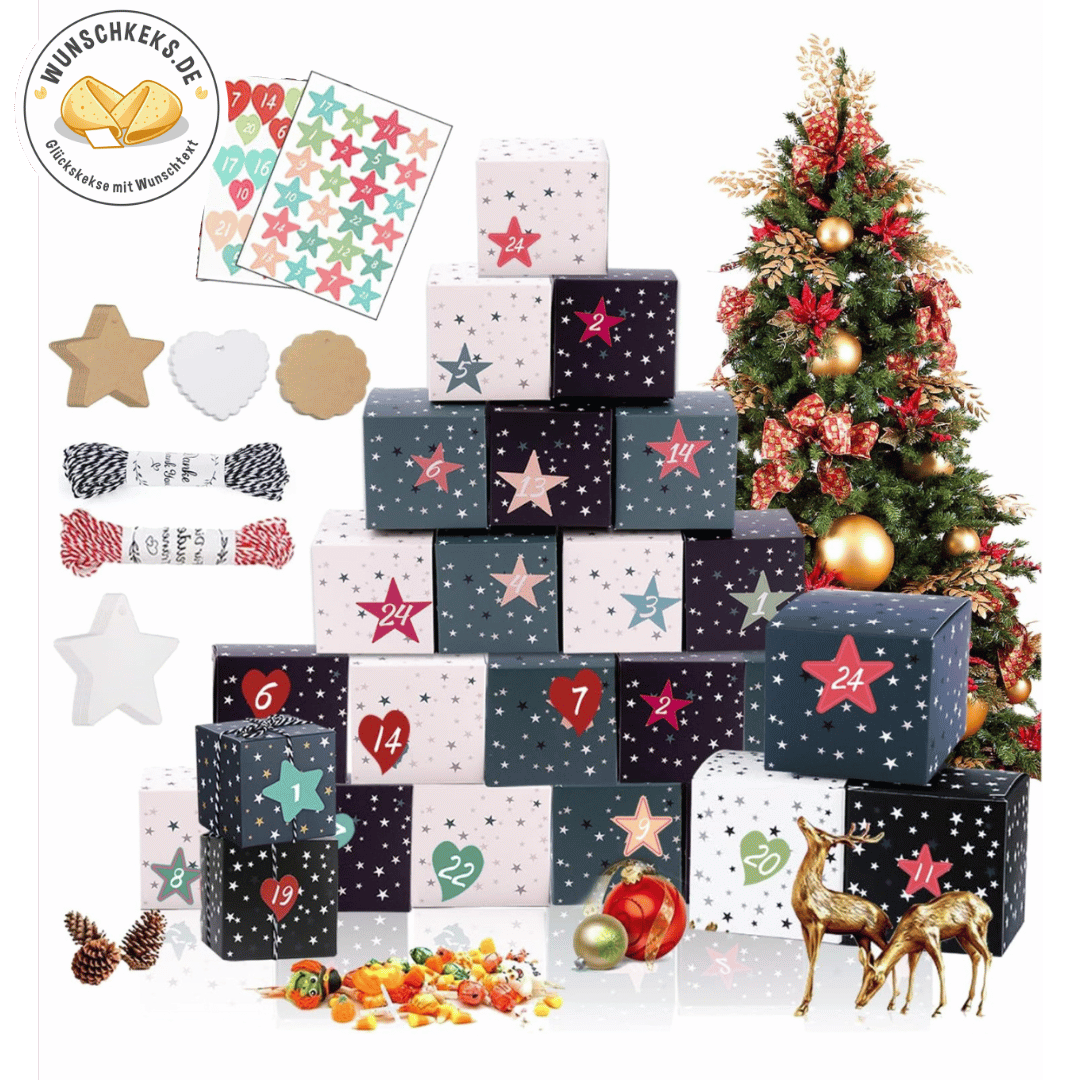 Adventskalender zum Befüllen 24 Boxen & Aufkleber Sterne - Wunschkeks.de Glückskekse mit Wunschtext ab 1 Stück