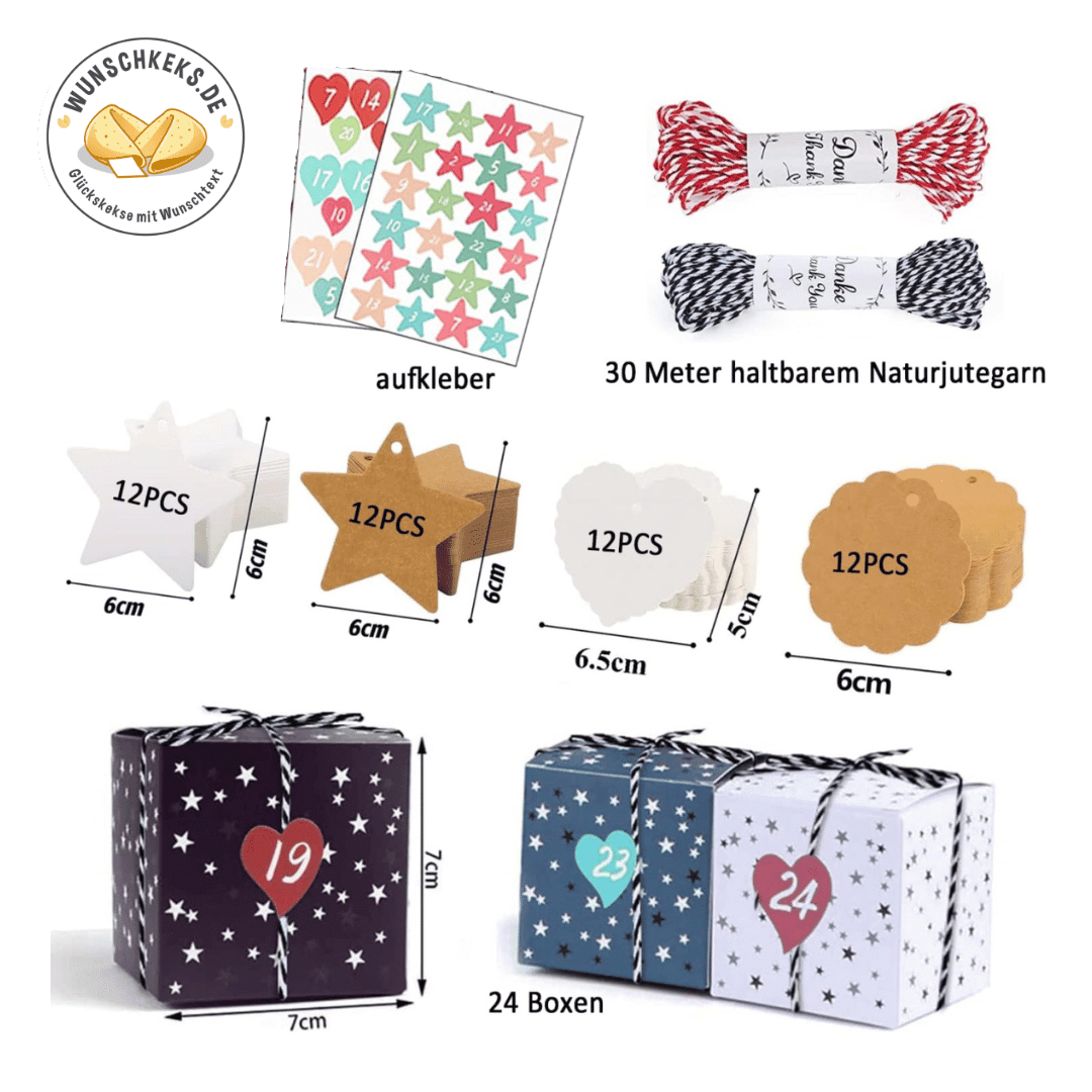 Adventskalender zum Befüllen 24 Boxen & Aufkleber Sterne - Wunschkeks.de Glückskekse mit Wunschtext ab 1 Stück