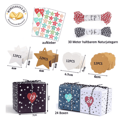 Adventskalender zum Befüllen 24 Boxen & Aufkleber Sterne - Wunschkeks.de Glückskekse mit Wunschtext ab 1 Stück