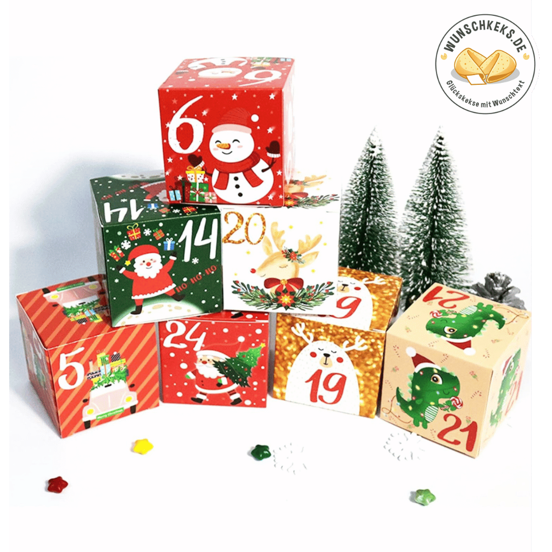 Adventskalender zum Befüllen 24 Boxen - Wunschkeks.de Glückskekse mit Wunschtext ab 1 Stück