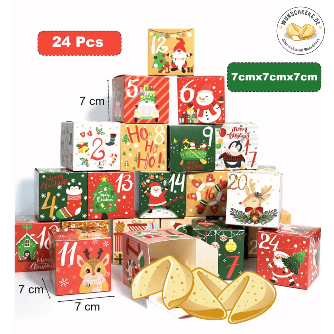 Adventskalender zum Befüllen 24 Boxen - Wunschkeks.de Glückskekse mit Wunschtext ab 1 Stück