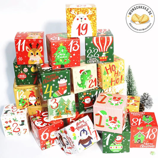 Weihnachts-Adventskalender mit Glückskekse in bunten Geschenkboxen, personalisierbar mit Wunschtext