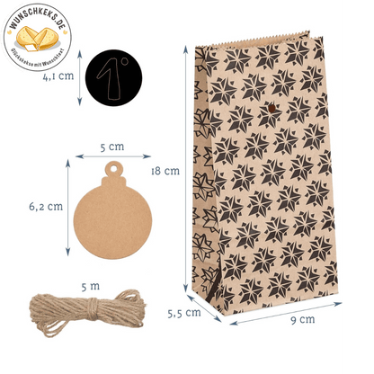 Adventskalender zum Befüllen 24 Tüten dunkel mit Aufklebern - Wunschkeks.de Glückskekse mit Wunschtext ab 1 Stück