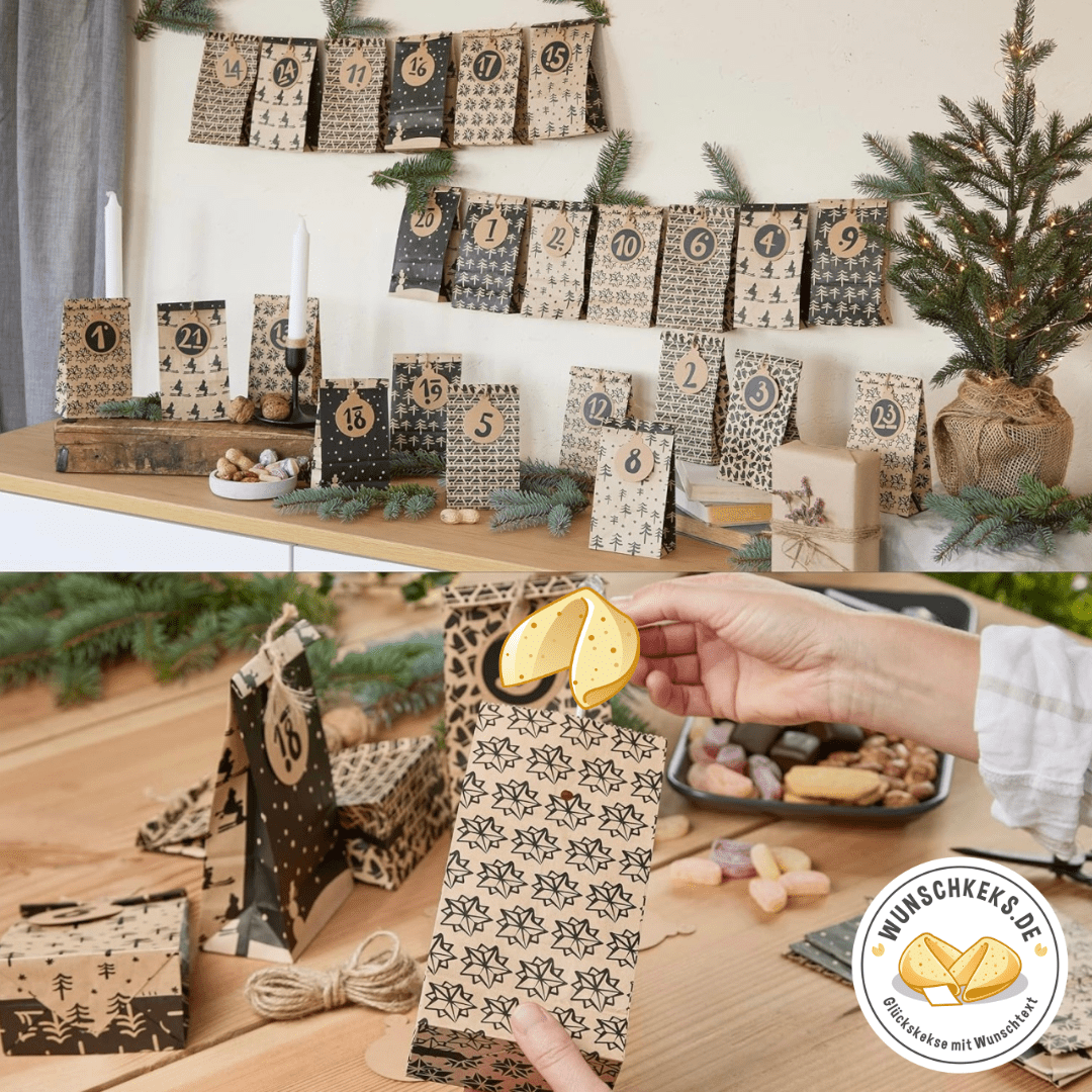 Adventskalender zum Befüllen 24 Tüten dunkel mit Aufklebern - Wunschkeks.de Glückskekse mit Wunschtext ab 1 Stück