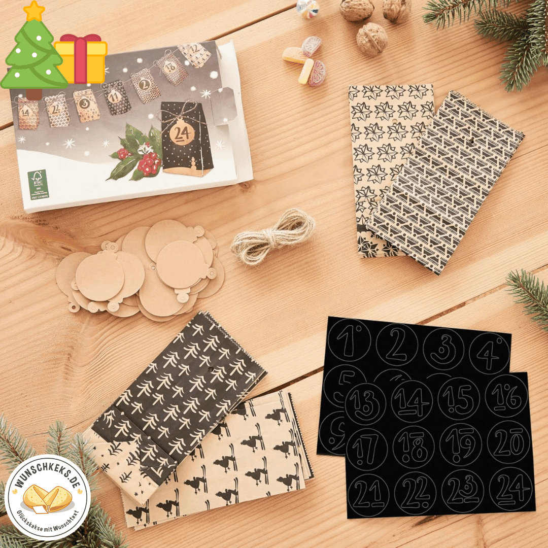 Adventskalender zum Befüllen 24 Tüten dunkel mit Aufklebern - Wunschkeks.de Glückskekse mit Wunschtext ab 1 Stück