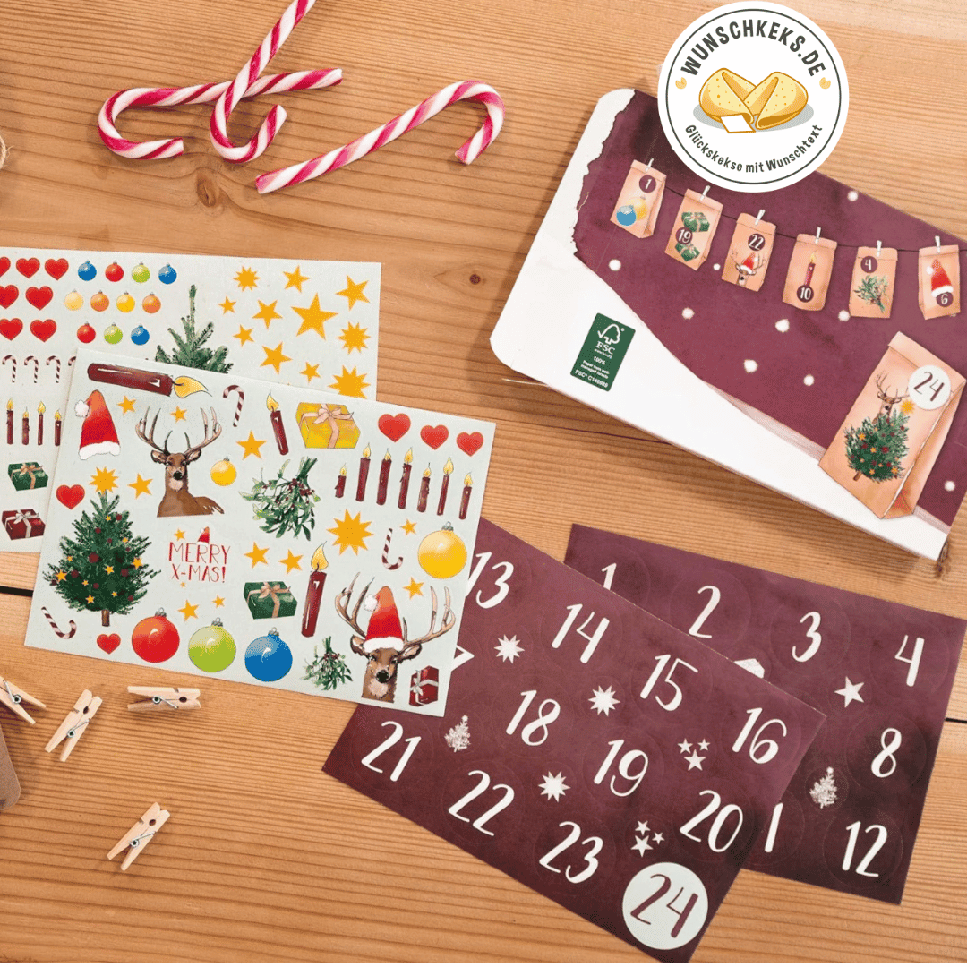 Adventskalender zum Befüllen 24 Tüten mit Aufklebern - Wunschkeks.de Glückskekse mit Wunschtext ab 1 Stück