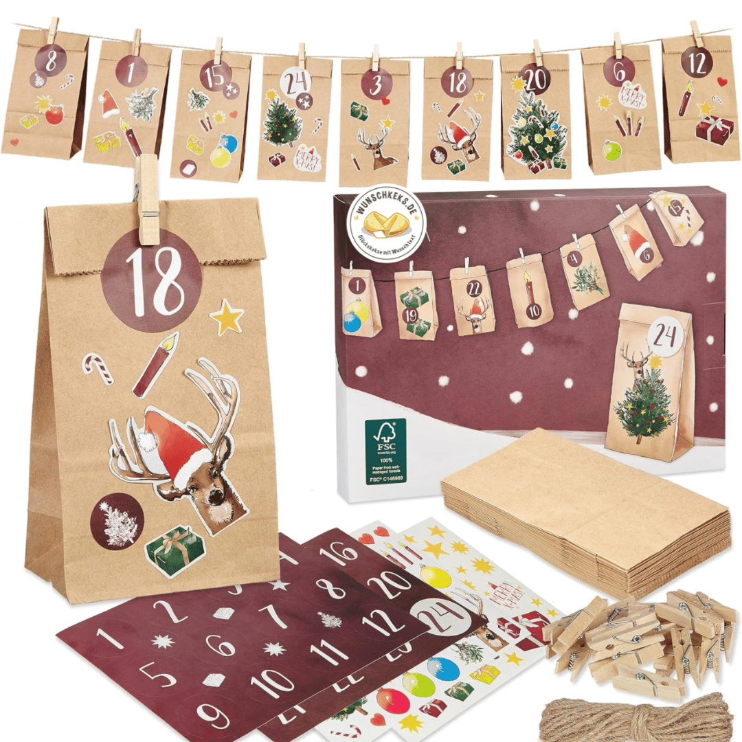 Adventskalender zum Befüllen 24 Tüten mit Aufklebern - Wunschkeks.de Glückskekse mit Wunschtext ab 1 Stück