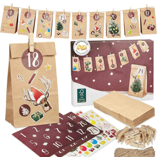 Adventskalender mit personalisierbaren Glückskekstüten, Weihnachtsmotiven und Zahlen für individuelle Überraschungen