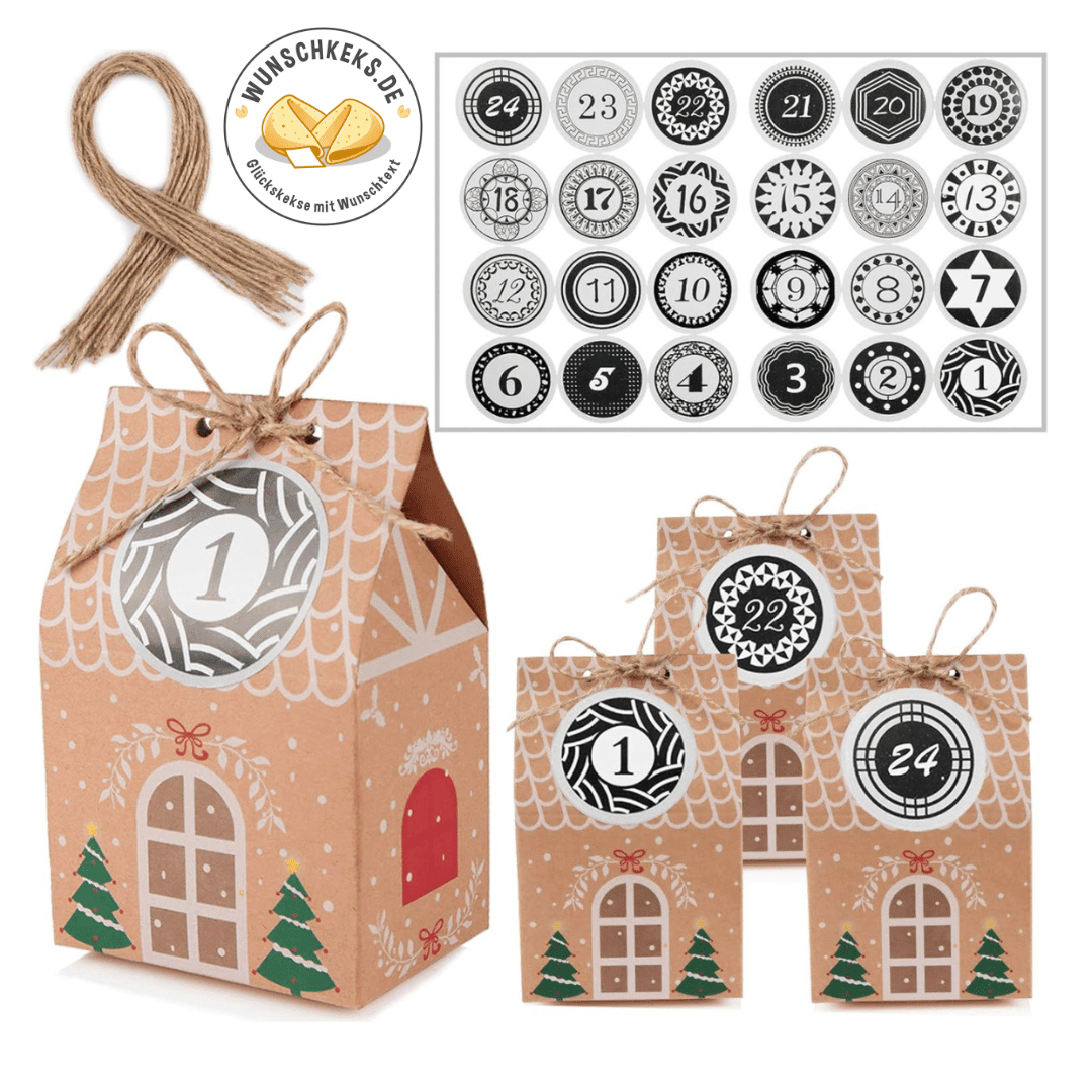 Adventskalender zum Befüllen 24 Weihnachtshäuser Boxen mit Aufklebern - Wunschkeks.de Glückskekse mit Wunschtext ab 1 Stück