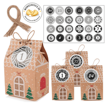 Adventskalender zum Befüllen 24 Weihnachtshäuser Boxen mit Aufklebern - Wunschkeks.de Glückskekse mit Wunschtext ab 1 Stück