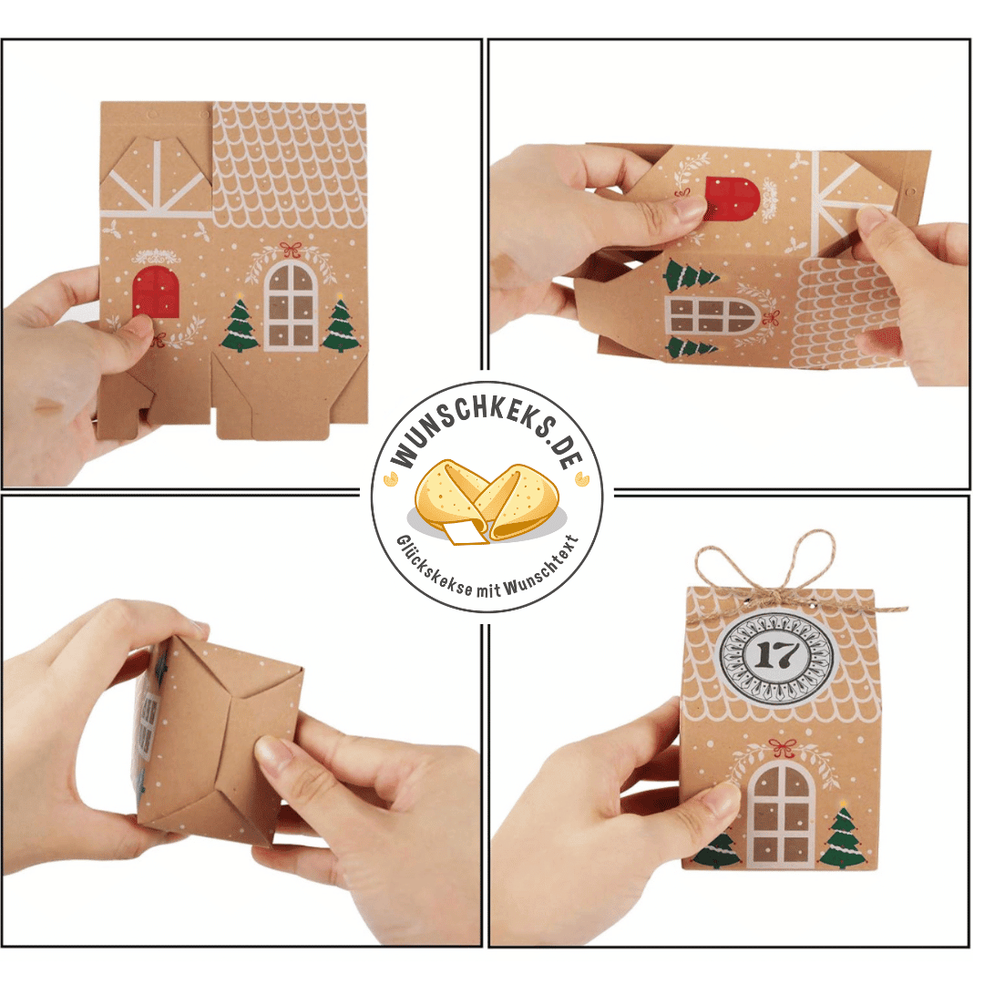 Adventskalender zum Befüllen 24 Weihnachtshäuser Boxen mit Aufklebern - Wunschkeks.de Glückskekse mit Wunschtext ab 1 Stück