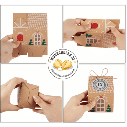 Adventskalender zum Befüllen 24 Weihnachtshäuser Boxen mit Aufklebern - Wunschkeks.de Glückskekse mit Wunschtext ab 1 Stück