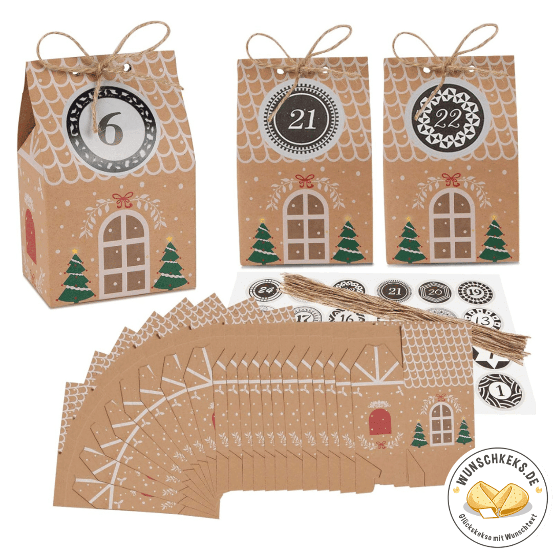 Adventskalender zum Befüllen 24 Weihnachtshäuser Boxen mit Aufklebern - Wunschkeks.de Glückskekse mit Wunschtext ab 1 Stück