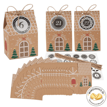 Adventskalender zum Befüllen 24 Weihnachtshäuser Boxen mit Aufklebern - Wunschkeks.de Glückskekse mit Wunschtext ab 1 Stück
