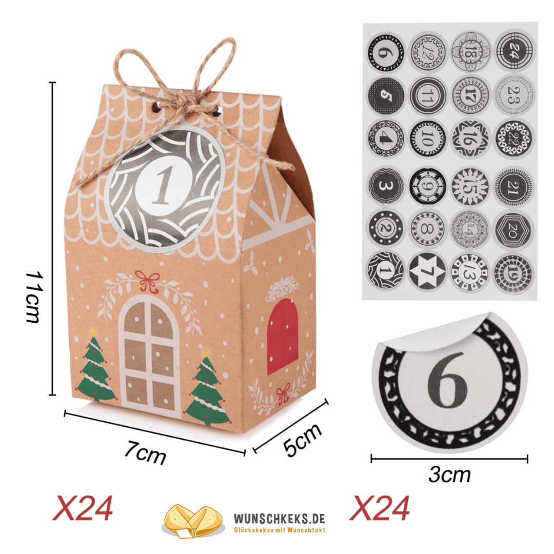Adventskalender zum Befüllen 24 Weihnachtshäuser Boxen mit Aufklebern - Wunschkeks.de Glückskekse mit Wunschtext ab 1 Stück