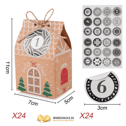 Adventskalender zum Befüllen 24 Weihnachtshäuser Boxen mit Aufklebern - Wunschkeks.de Glückskekse mit Wunschtext ab 1 Stück