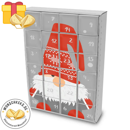 Adventskalender mit Glückskekse und Wunschtext, weihnachtlicher Gnom-Design